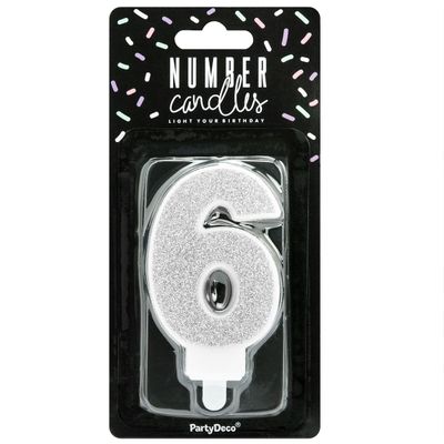 PartyDeco Birthday Candle SILVER Number 6 - Κεράκι ασημί Γκλίτερ αριθμός '6'