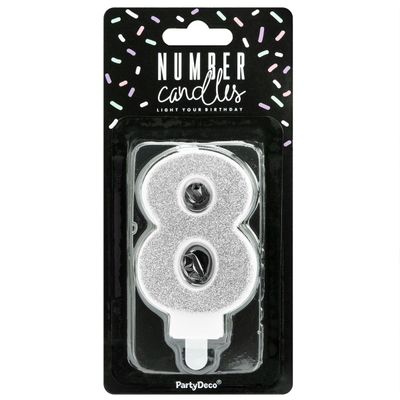 PartyDeco Birthday Candle SILVER Number 8 - Κεράκι ασημί Γκλίτερ αριθμός '8'