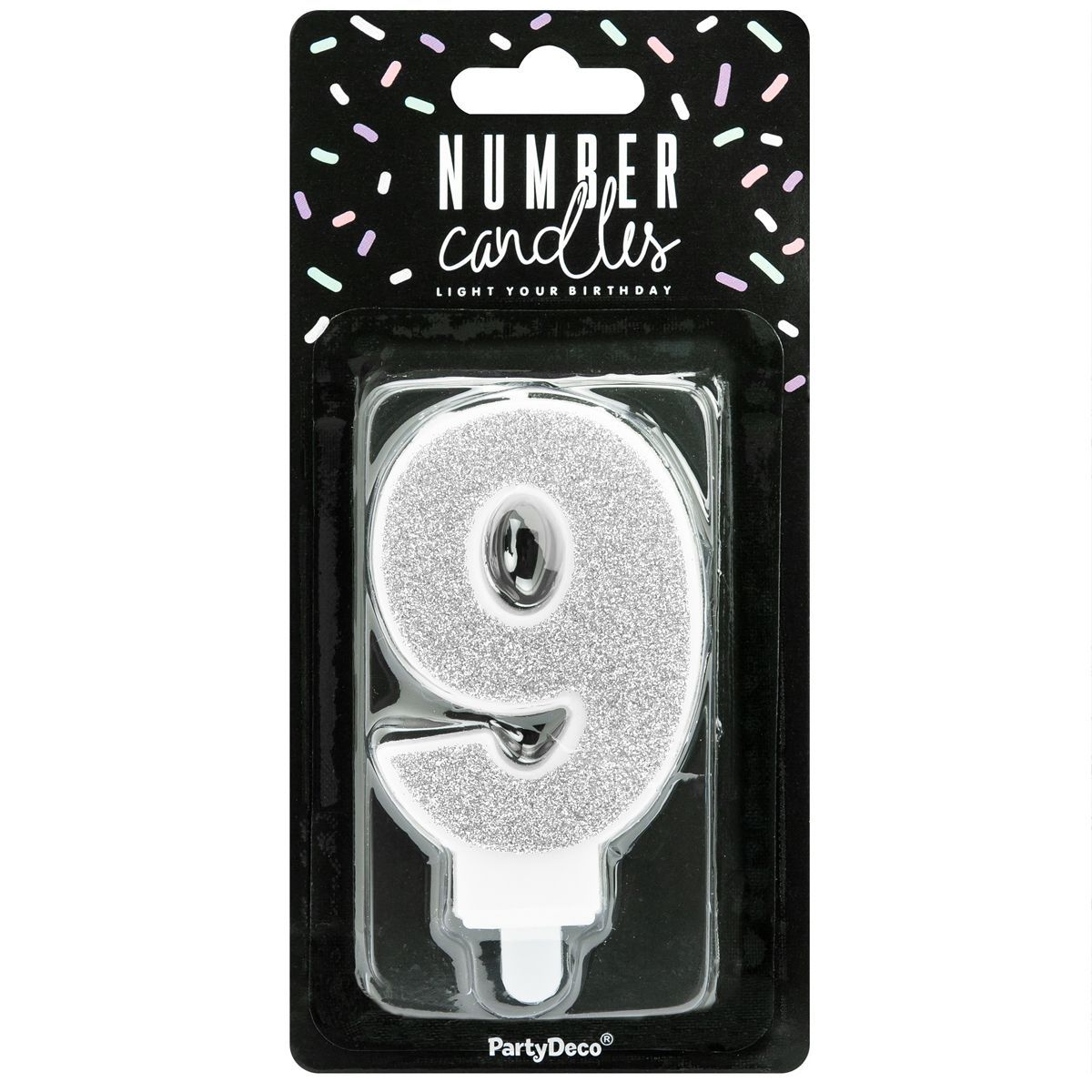 PartyDeco Birthday Candle SILVER Number 9 - Κεράκι ασημί Γκλίτερ αριθμός &#39;9&#39;