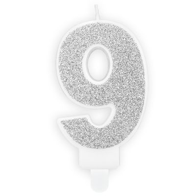 PartyDeco Birthday Candle SILVER Number 9 - Κεράκι ασημί Γκλίτερ αριθμός &#39;9&#39;