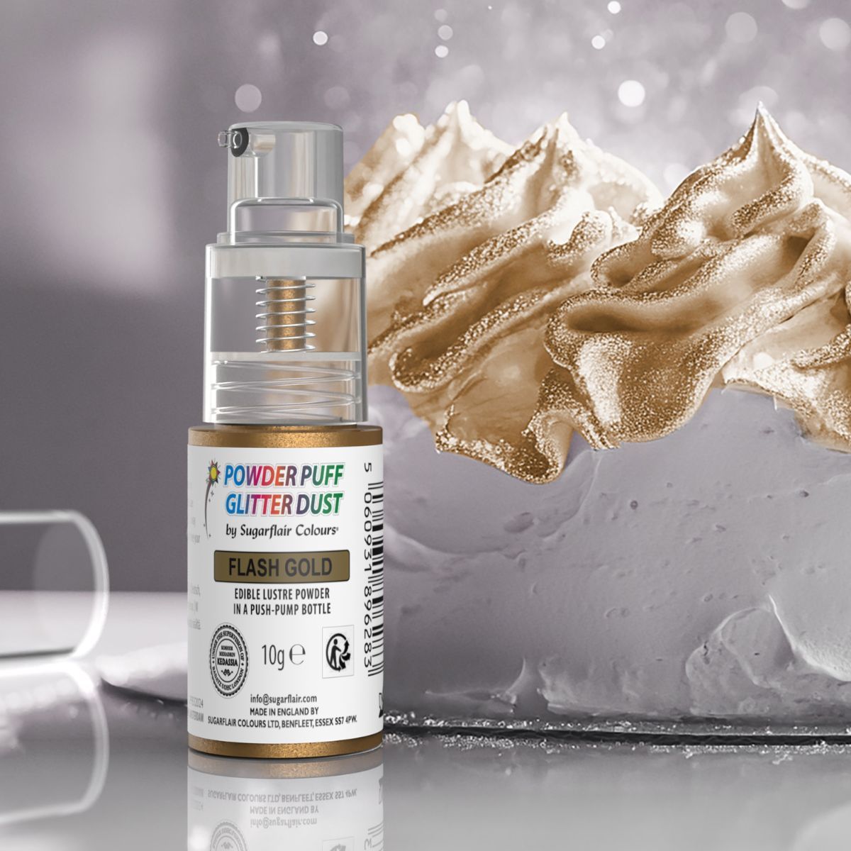 Sugarflair Powder Puff Glitter Dust Pump Spray -FLASH GOLD 10g - Βρώσιμο Γκλίτερ σε σπρέι Χρυσό
