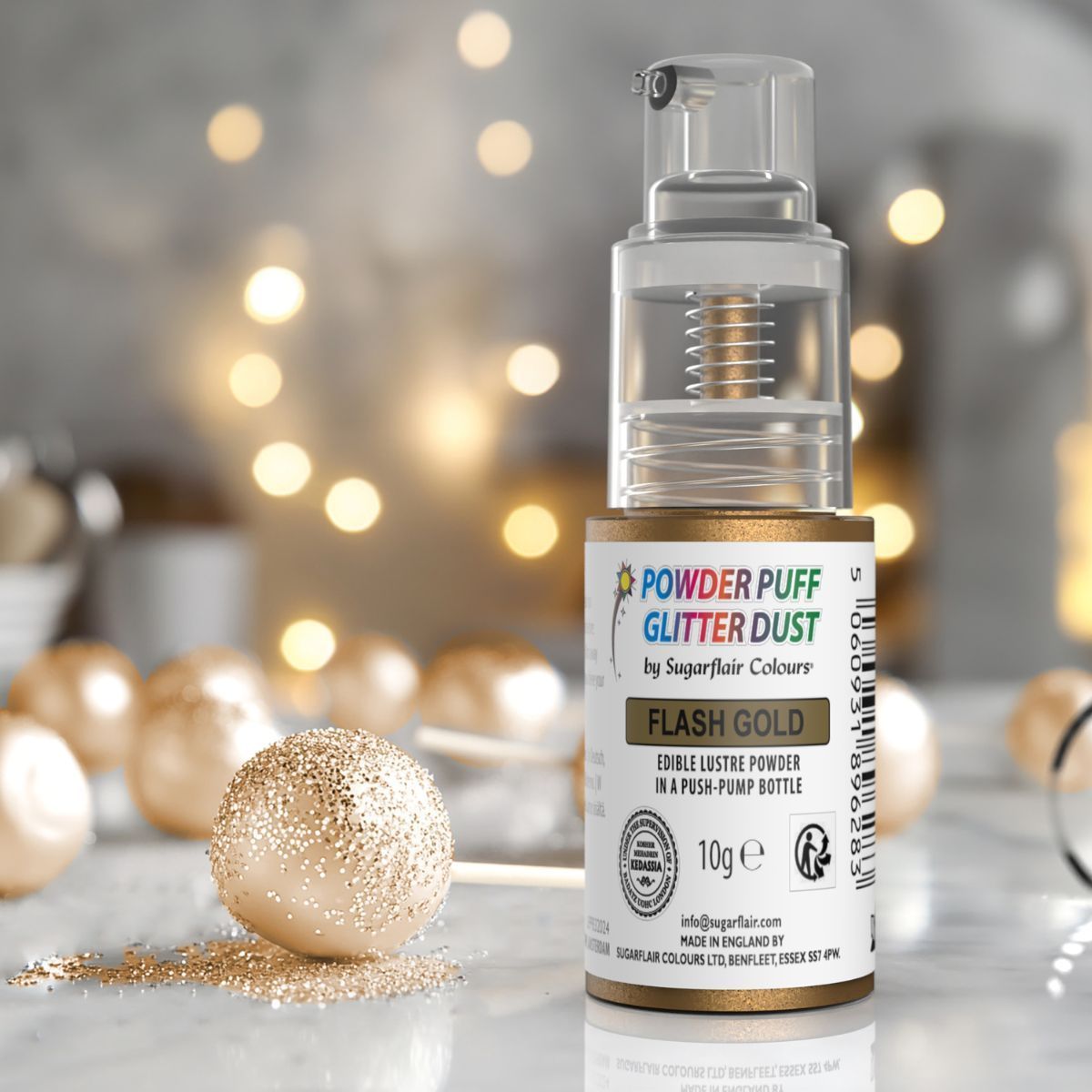 Sugarflair Powder Puff Glitter Dust Pump Spray -FLASH GOLD 10g - Βρώσιμο Γκλίτερ σε σπρέι Χρυσό