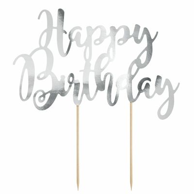 PartyDeco Cake Topper &#39;Happy Birthday&#39; - SILVER -Τόπερ Τούρτας Ασημί - &#39;Happy Birthday&#39;