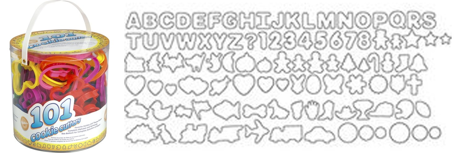 Wilton Tub of 101 Cookie Cutters. Alphabet, animals, Christmas themed &amp; many more! - Σετ 101τεμ Πλαστικά κουπ πατ Αλφάβητο, Ζώα, Χριστουγεννιάτικα και πολλά άλλα