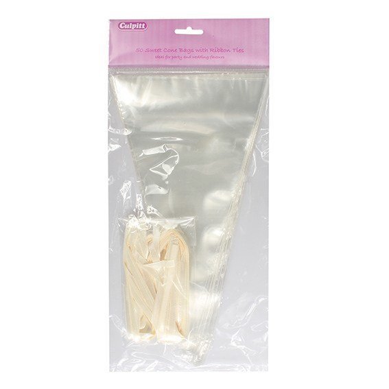 Culpitt Bags -Clear Sweet Cones With Ties - 50τεμ Διάφανα Σακουλάκια σε Σχήμα Κώνου με Σχοινάκι Δεσίματος