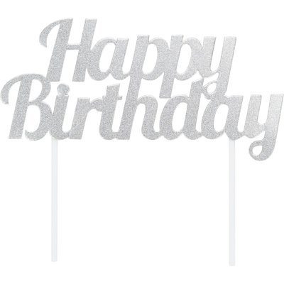 By AH -Cake Topper &#39;Happy Birthday&#39; -SILVER GLITTER -Τόπερ Τούρτας Ασημένιο Γκλίτερ