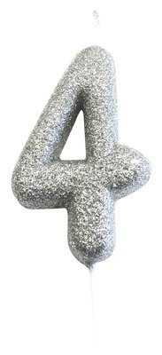 By AH -Candles -GLITTER SILVER &#39;4&#39; -Κεράκι Ασημί Γκλίτερ αριθμός &#39;4&#39;
