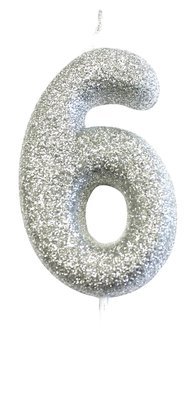 By AH -Candles -GLITTER SILVER &#39;6&#39; -Κεράκι Ασημί Γκλίτερ αριθμός &#39;6&#39;