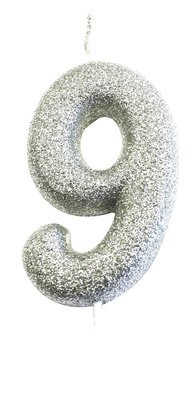 By AH -Candles -GLITTER SILVER &#39;9&#39; -Κεράκι Ασημί Γκλίτερ αριθμός &#39;9&#39;