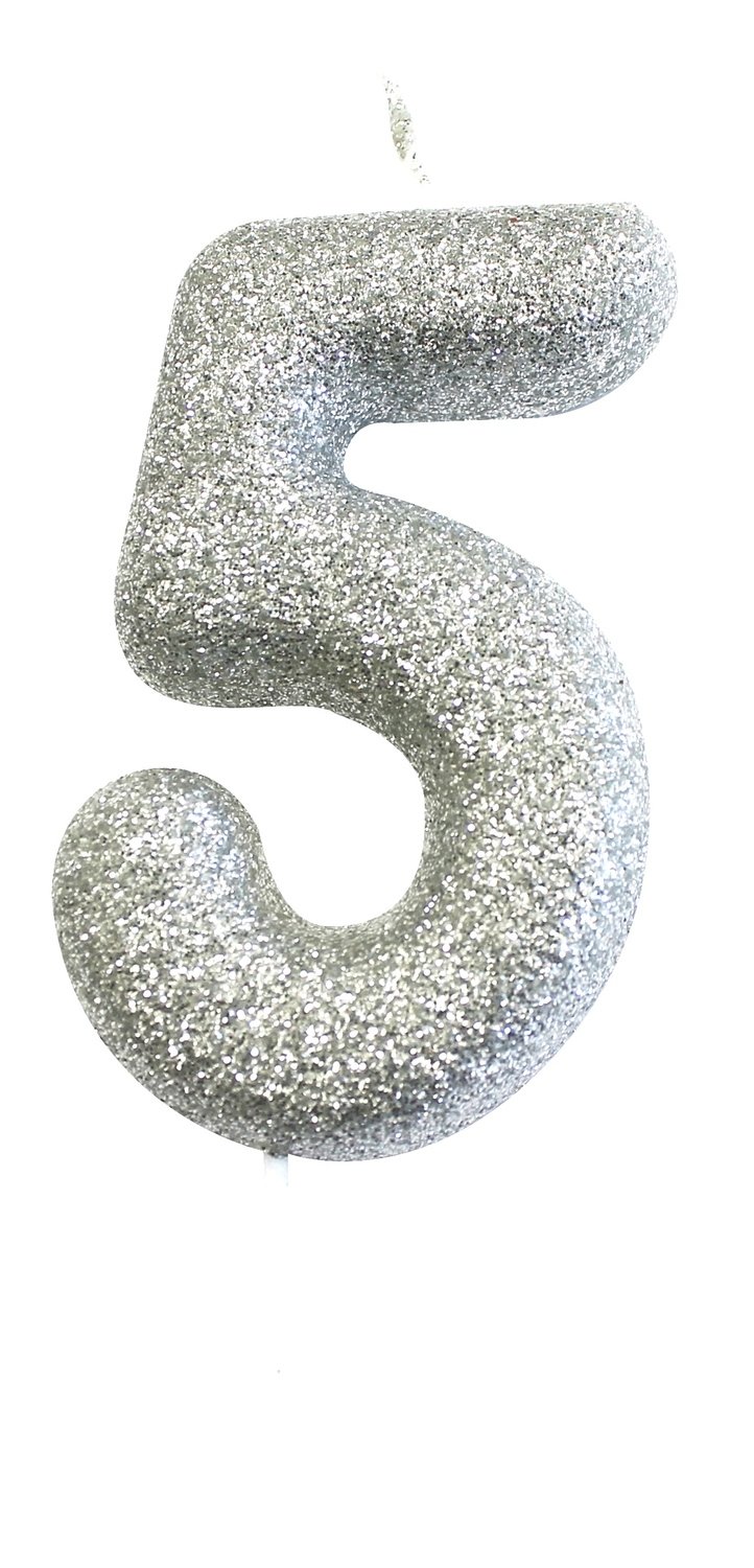 By AH -Candles -GLITTER SILVER '5' -Κεράκι Ασημί Γκλίτερ αριθμός '5'