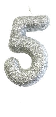 By AH -Candles -GLITTER SILVER '5' -Κεράκι Ασημί Γκλίτερ αριθμός '5'