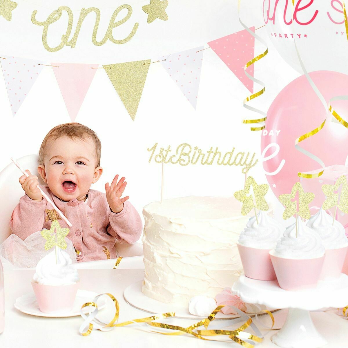 PartyDeco Cake Topper 1st Birthday -GOLD - Τόπερ Τούρτας 1α Γενέθλια