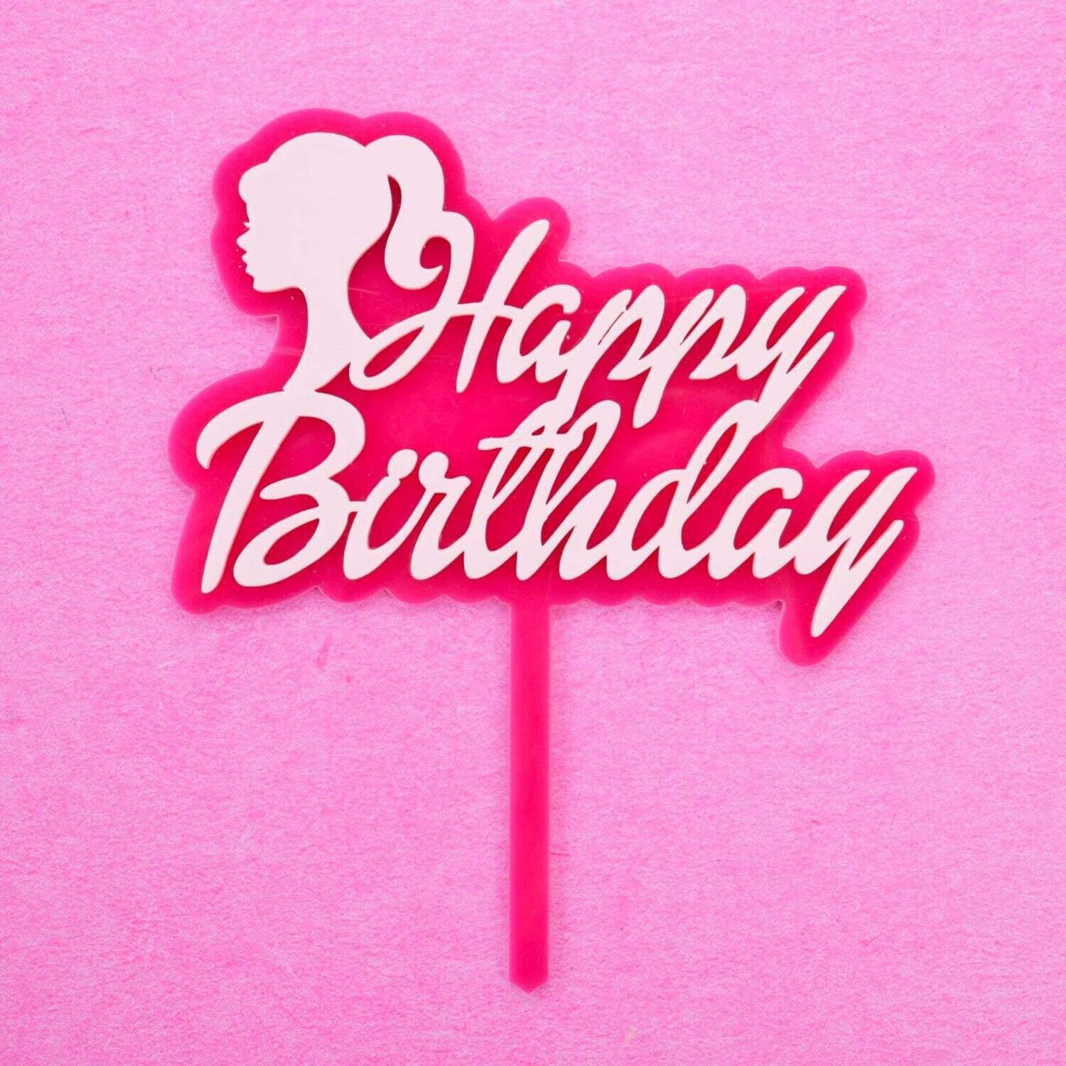 SALE!!! Sweet Stamp Cake Topper - Dollhouse Happy Birthday - Πλαστικό Τόπερ Barbie / Κούκλα Φούξια