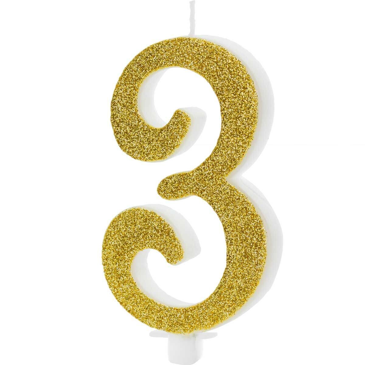 PartyDeco Birthday Candle GOLD Number 3 - Κεράκι Χρυσό Γκλίτερ αριθμός '3'