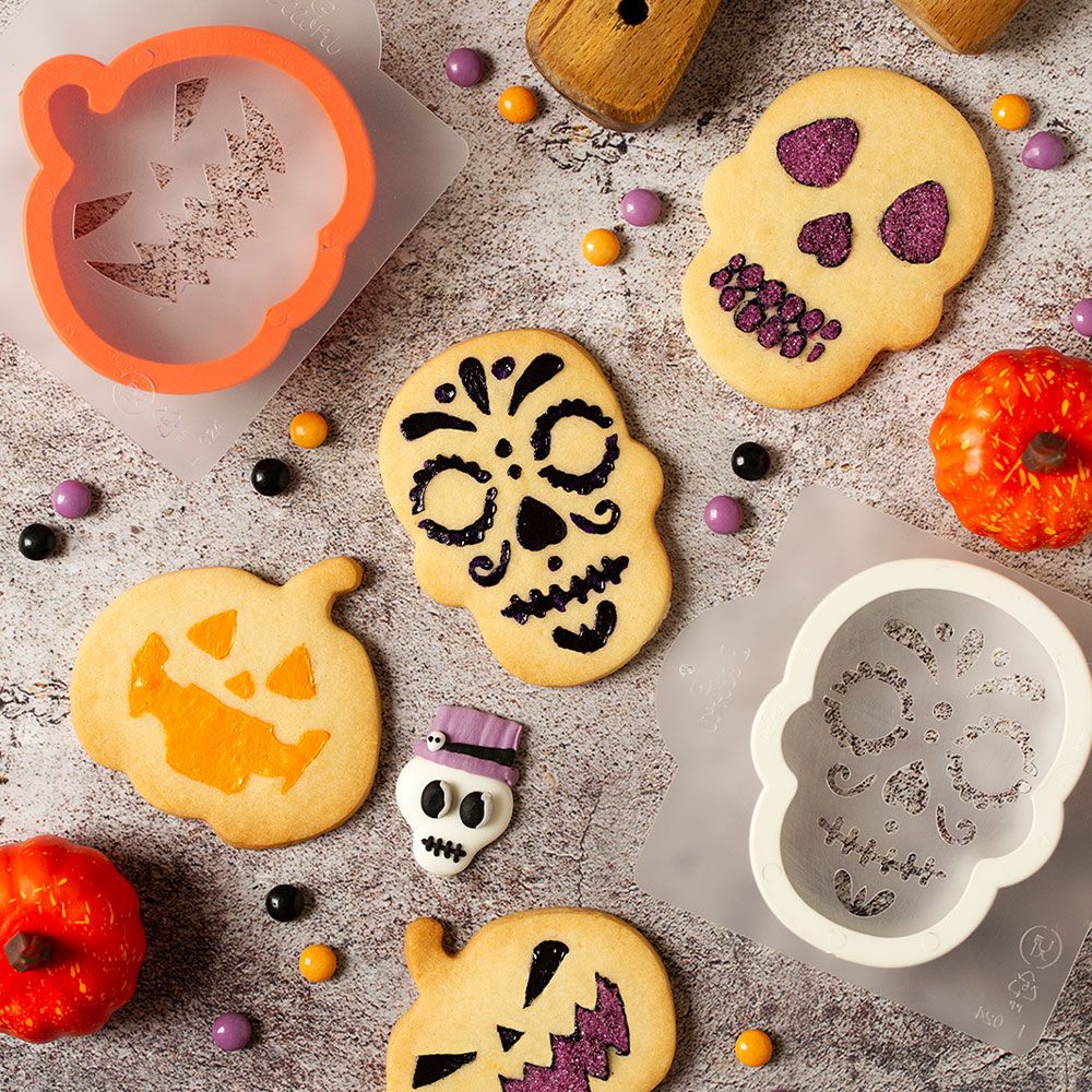 SALE!!! DECORA -HALLOWEEN -Monster Cutter and Stencil (Skull &amp; Pumpkin) - Σετ πλαστικά Κουπ πατ Κρανίο και Κολοκύθα και στένσιλ