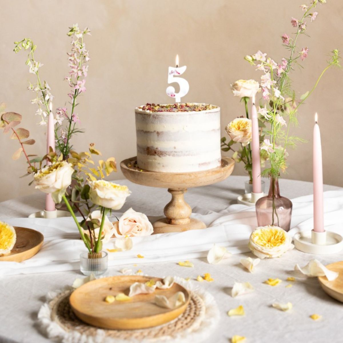 Number Candles -FLOWERS -Κεράκι Λευκό αριθμός '5' με λουλούδια