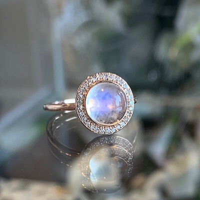 Moonstone & Diamond Halo Ring In Rose Gold