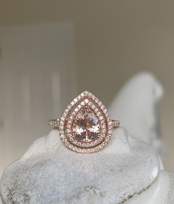Double Diamond Halo & Pear Cut Morganite Ring