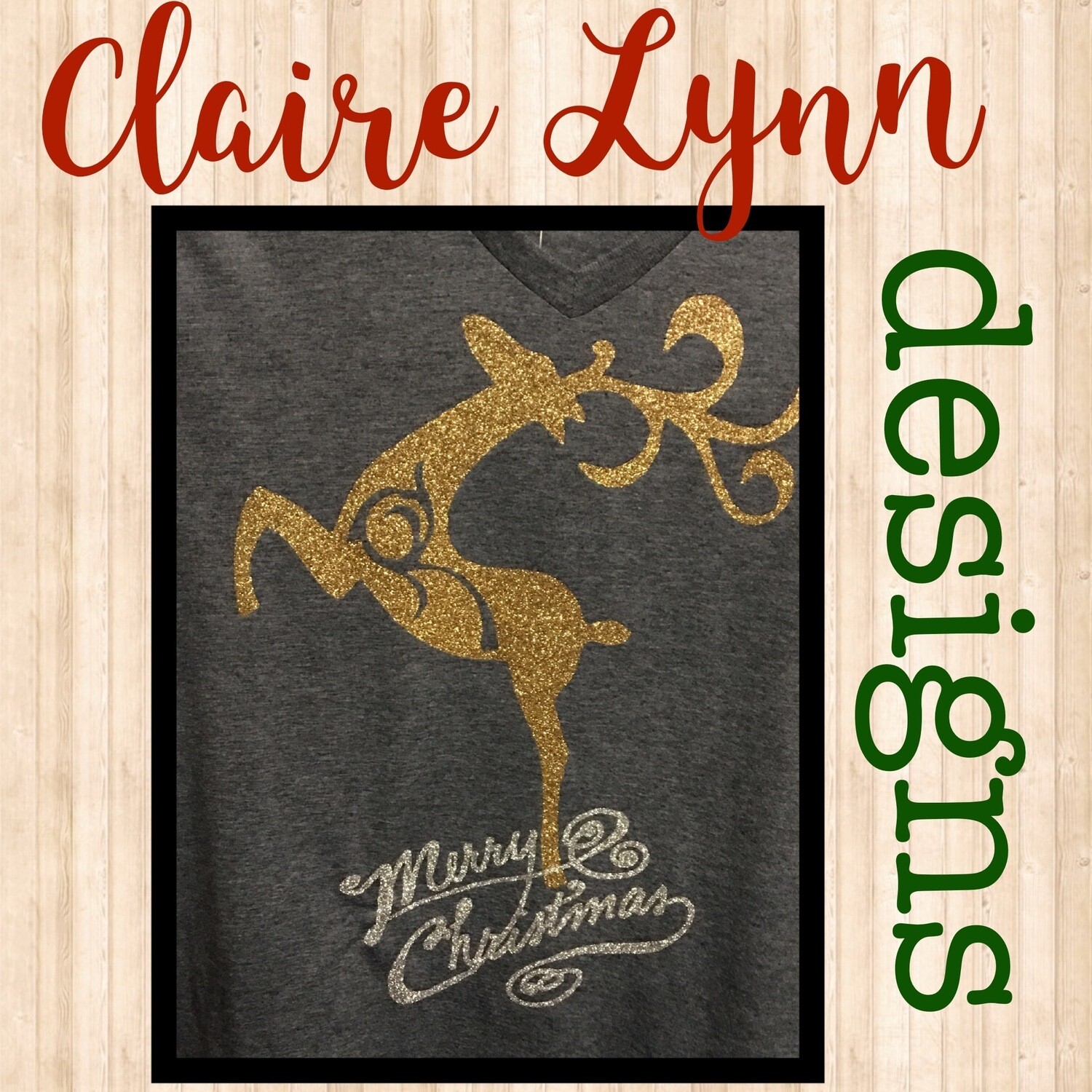 Charcoal V-neck Vintage (GOLD GLITTER) Reindeer Tee Charcoal V-neck Vintage (GOLD GLITTER) Reindeer Tee