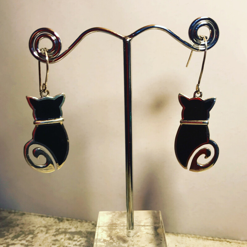 Onyx and Sterling Silver Cat Earings