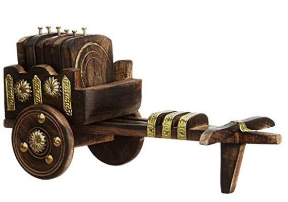 Wooden Beautiful Bullock Cart Design Tea Coffee Vine Coaster Set - Home &amp; Office Decor