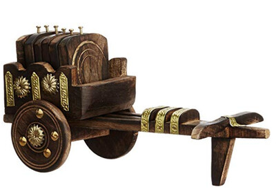 Wooden Beautiful Bullock Cart Design Tea Coffee Vine Coaster Set - Home &amp; Office Decor
