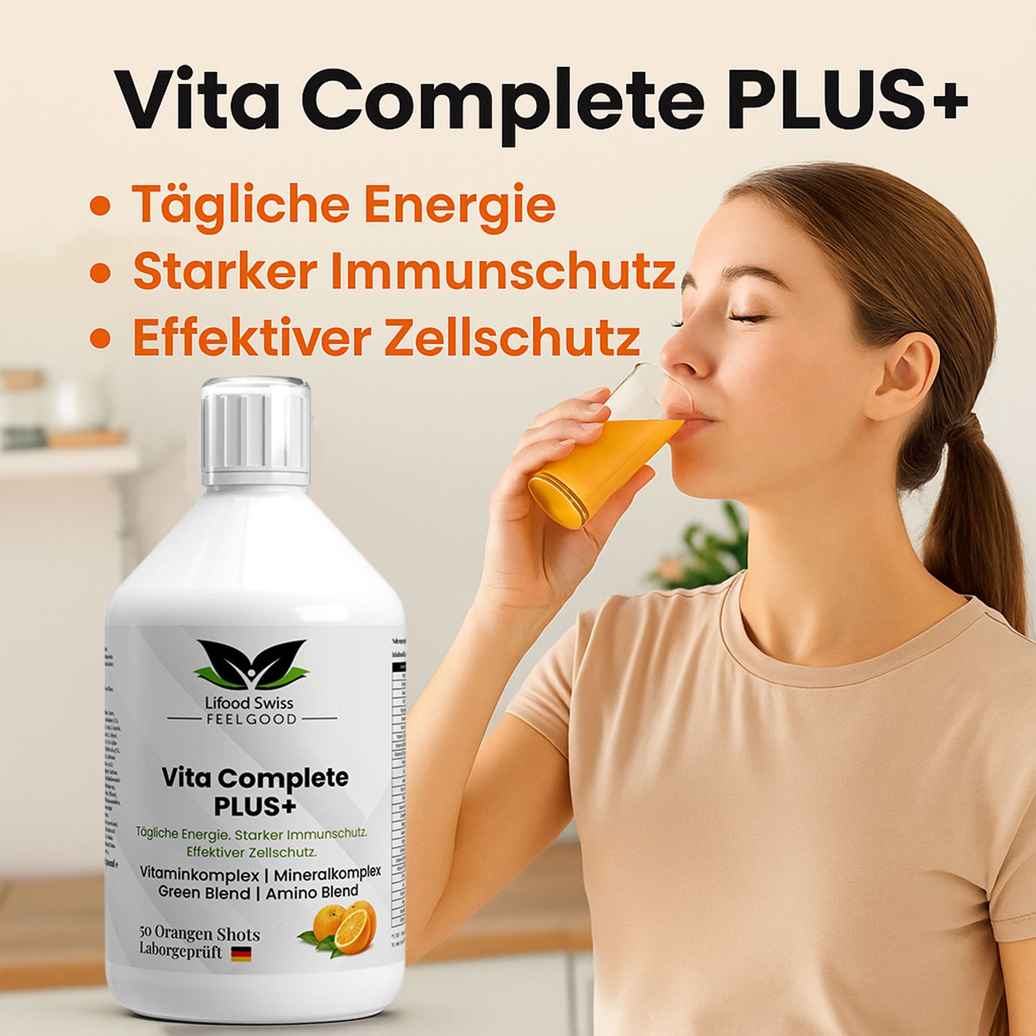 Lifood Swiss, Vita Complete PLUS+ 50 vegane Shots - Fresh Orange - 500ml