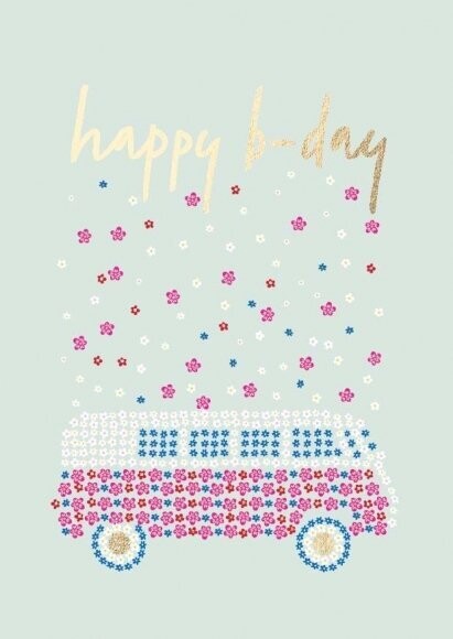 Postkarte:happy b-day Blumentransporte Bulli
