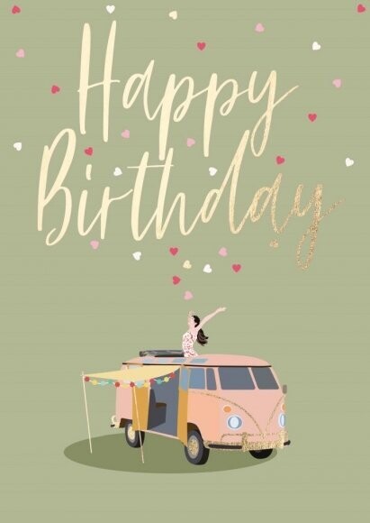 Doppelkarte: Happy Birthday - Bulli mit Umschlag