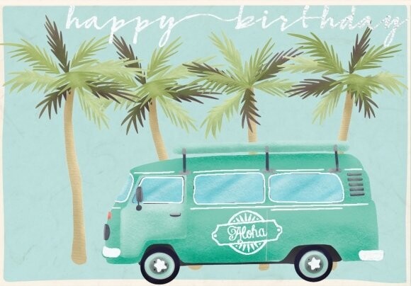 Doppelkarte: Transp. mit Palmen happy birthday Bully Bulli mit Umschlag