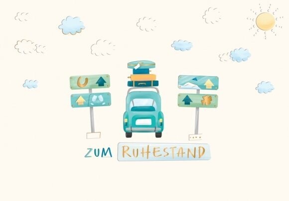Doppelkarte: gepacktes Auto - Zum Ruhestand mit Umschlag