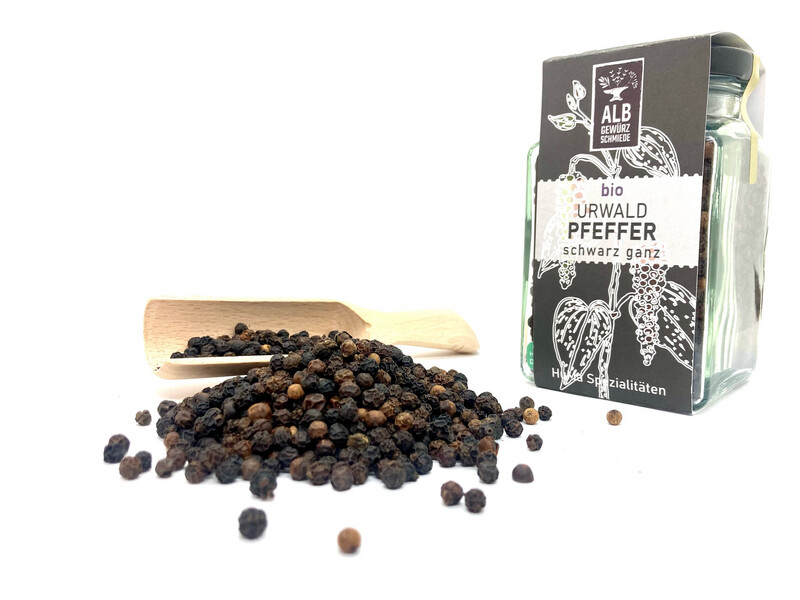 Bio-Urwaldpfeffer ganz, schwarz Glas 120g Bio-Urwaldpfeffer ganz, schwarz Glas 120g
