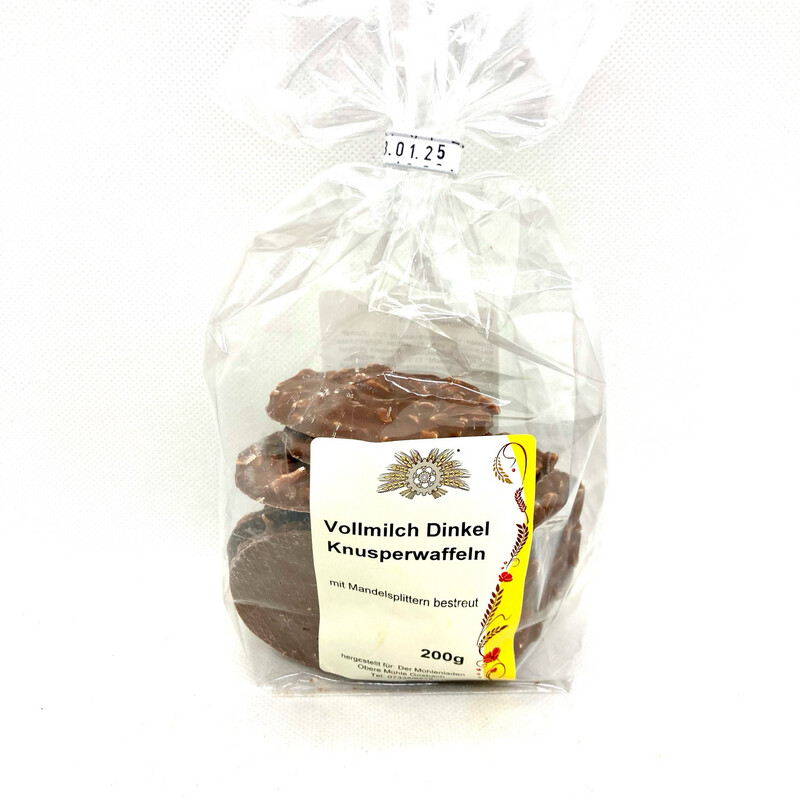 Dinkelwaffeln Vollmilch mit Mandelsplitter 200 g Dinkelwaffeln Vollmilch mit Mandelsplitter 200 g