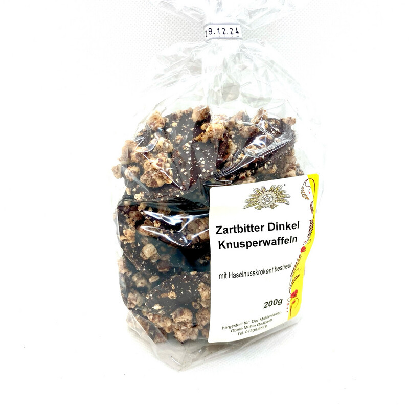 Dinkelwaffeln Zartbitter mit Haselnusskrokant 200 g Dinkelwaffeln Zartbitter mit Haselnusskrokant 200 g