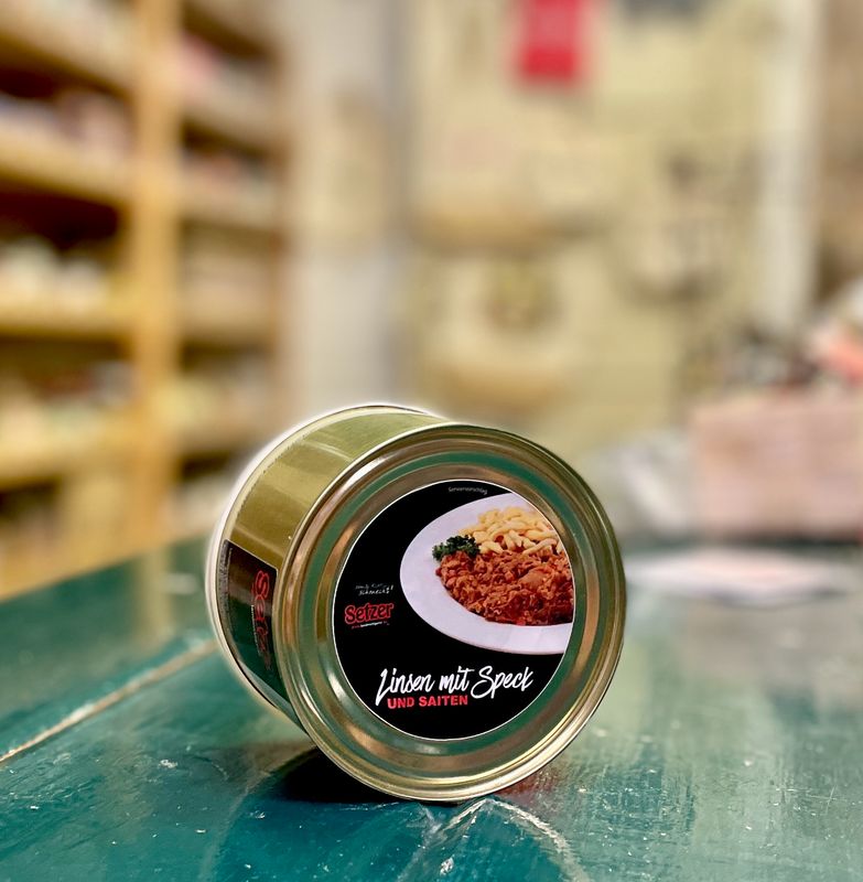Schwäbische Linsen mit Speck und Saitenwürstchen in der Dose 400g Schwäbische Linsen mit Speck und Saitenwürstchen in der Dose 400g