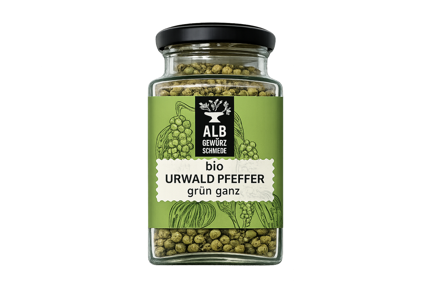 Bio-Urwaldpfeffer ganz, grün Glas 60g