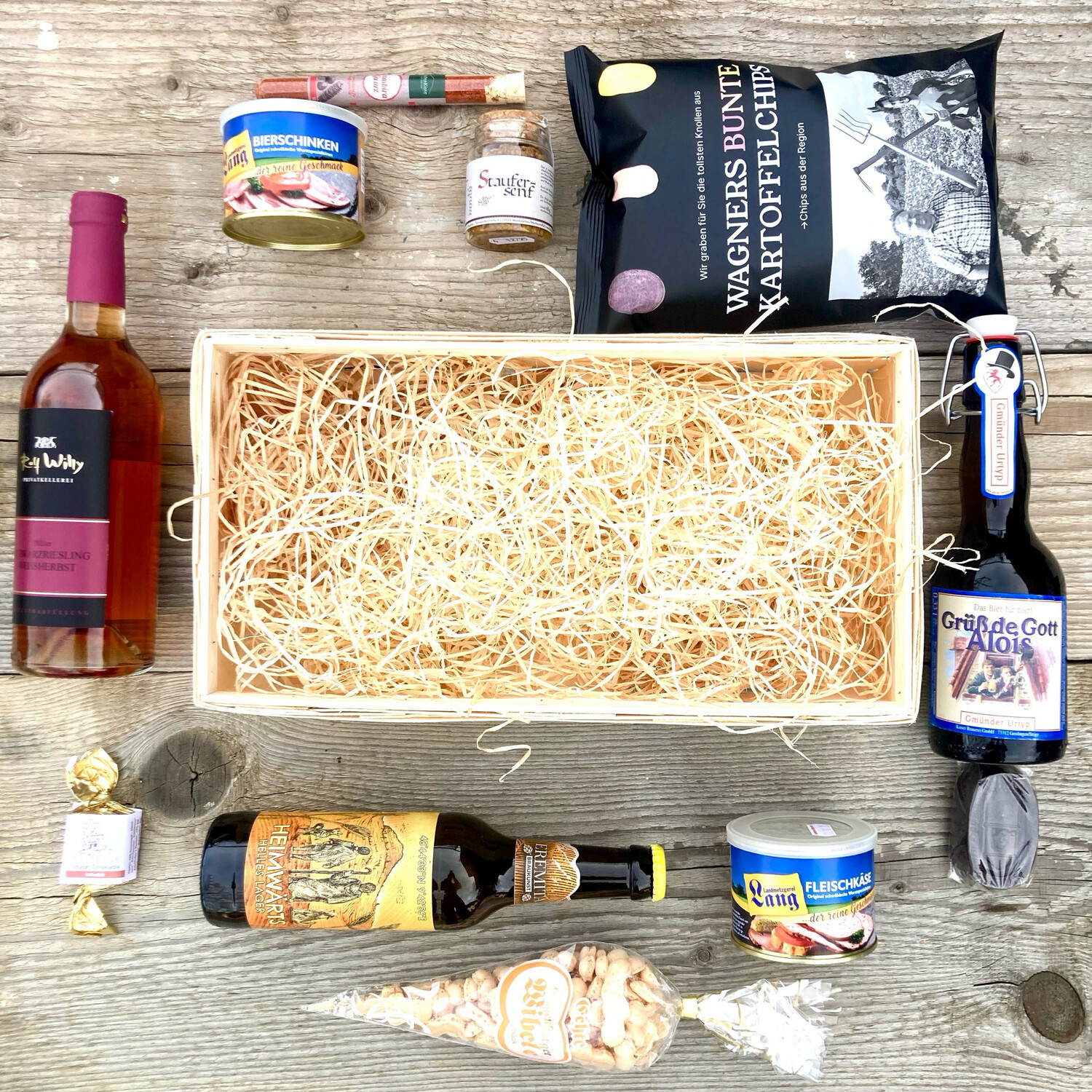 Reiterle Geschenkkorb – Schwäbischer Geschenkkorb mit Bier, Rosé & Vesper Spezialitäten ?