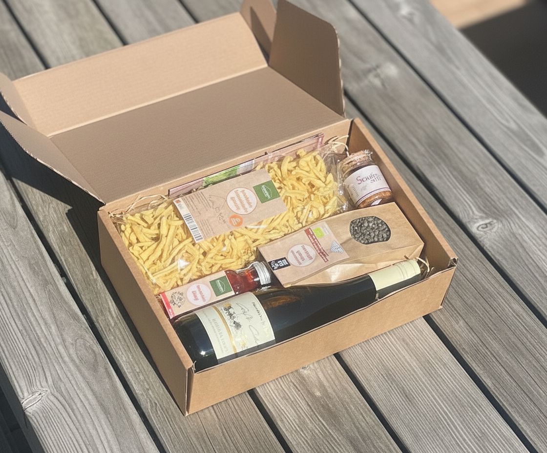 Linsen mit Spätzle Geschenkbox – Schwäbisches Set mit Most, Alblinsen & Spätzle ?