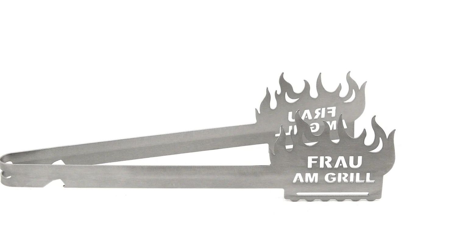 Grillzange Flamme Frau am Grill – Edelstahl Grillzange als Geschenk für Grillmeisterinnen ? Grillzange Flamme Frau am Grill – Edelstahl Grillzange als Geschenk für Grillmeisterinnen ?