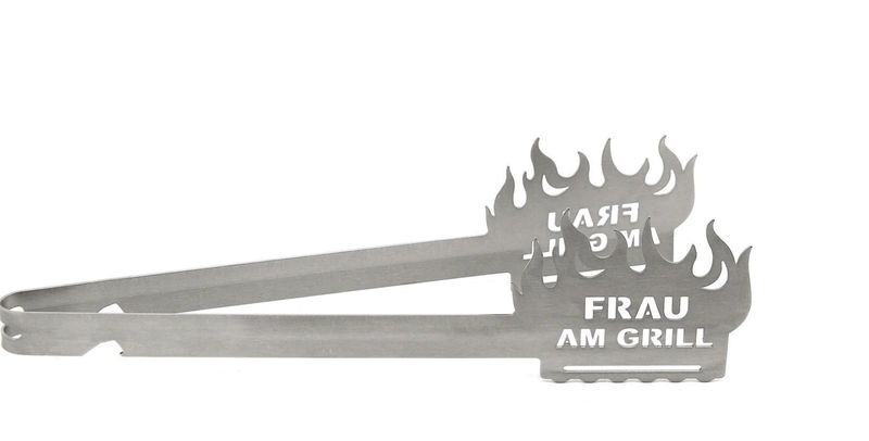 Grillzange Flamme Frau am Grill – Edelstahl Grillzange als Geschenk für Grillmeisterinnen ?