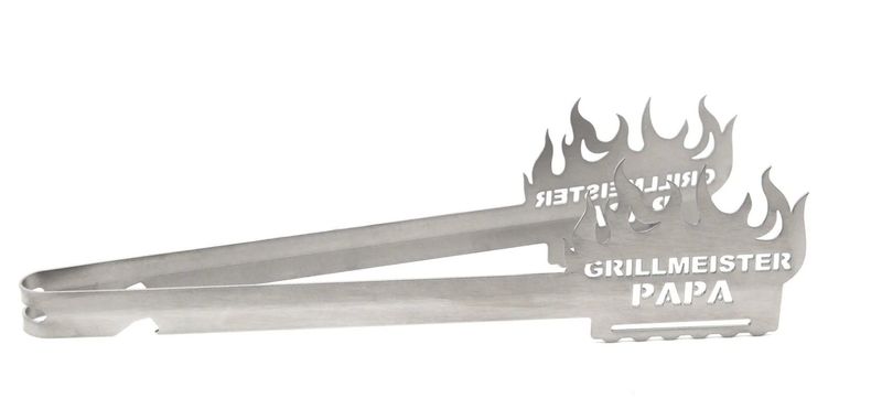 Grillzange Flamme „Grillmeister PAPA“ – Grillzange aus Edelstahl als Geschenk für Papa ?