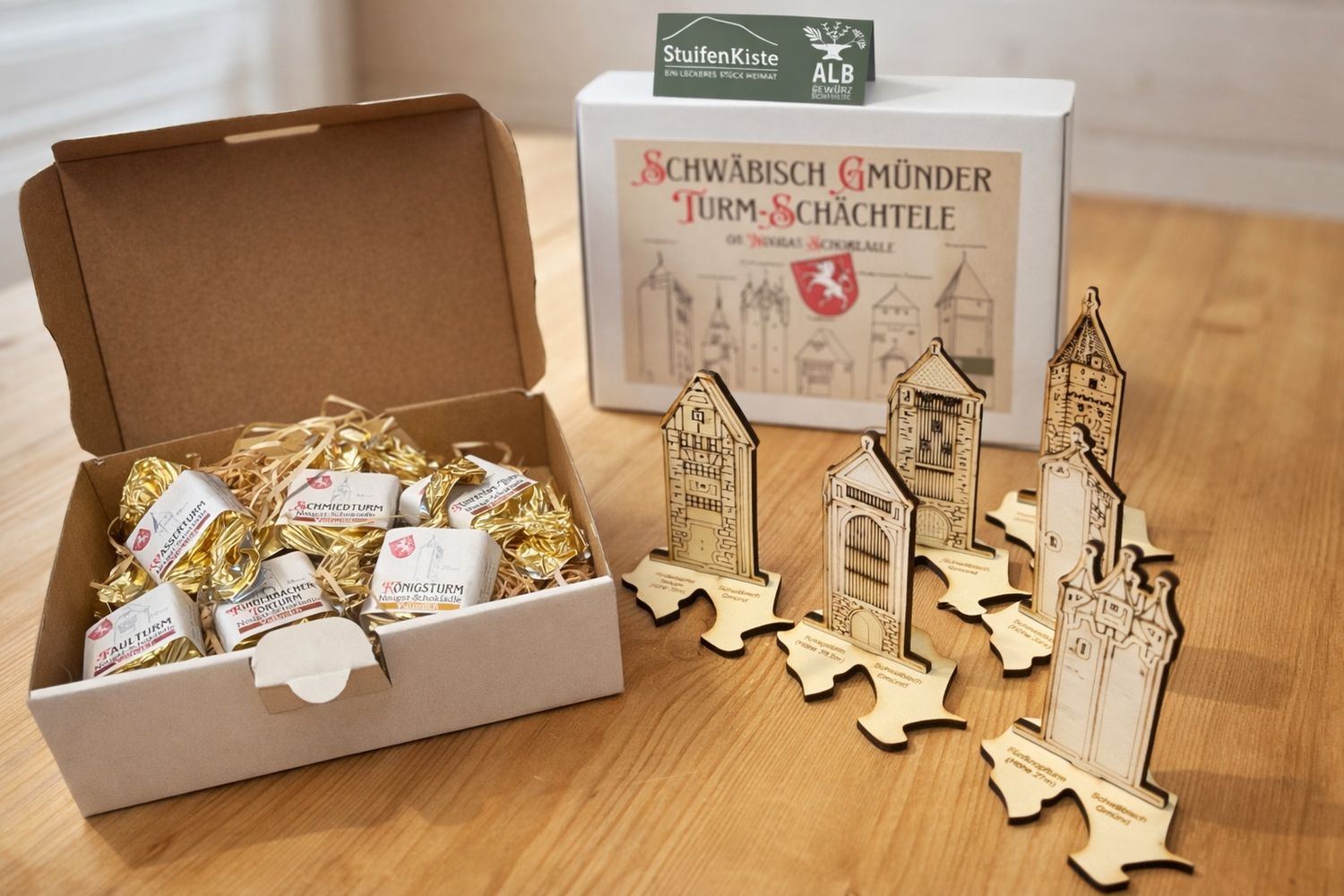Schwäbisch Gmünder Holz-Turm-Schächtele mit Nougat