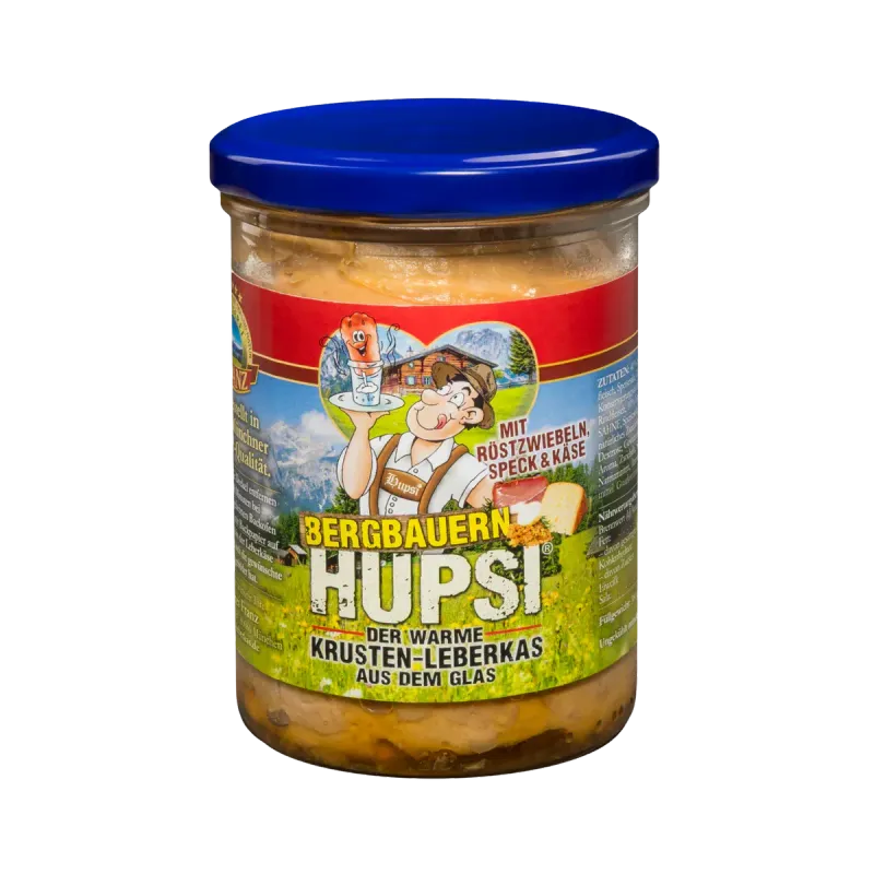 Bergbauern Hupsi Leberkäse im Glas 380 g – Krusten-Leberkas mit Speck, Röstzwiebeln & Emmentaler ?️ Bergbauern Hupsi Leberkäse im Glas 380 g – Krusten-Leberkas mit Speck, Röstzwiebeln & Emmentaler ?️