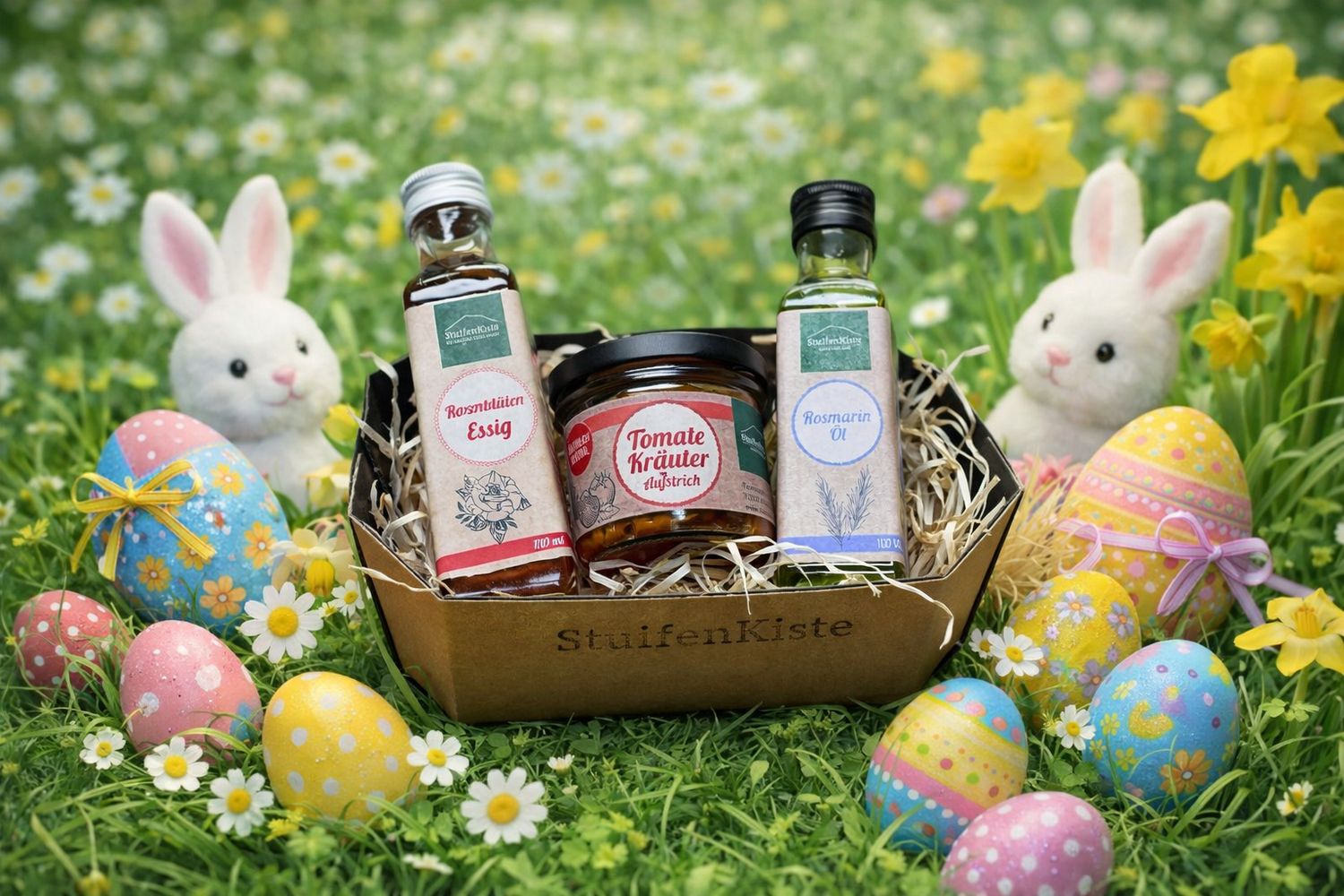 Oster Geschenkset Feinkost ROSI– Rosenblütenessig, Rosmarinöl & Tomate-Kräuter Aufstrich | Genuss Geschenk zu Ostern ?? Oster Geschenkset Feinkost ROSI– Rosenblütenessig, Rosmarinöl & Tomate-Kräuter Aufstrich | Genuss Geschenk zu Ostern ??
