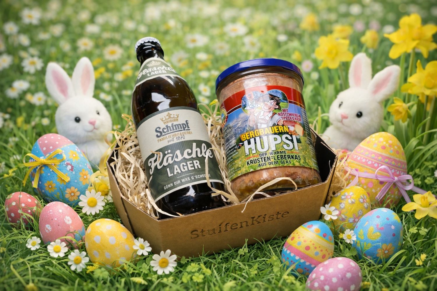 Osternest-HUPSI – Geschenkset mit Bier & Backofen-Leberkäse im Glas | Herzhaftes Ostergeschenk ??