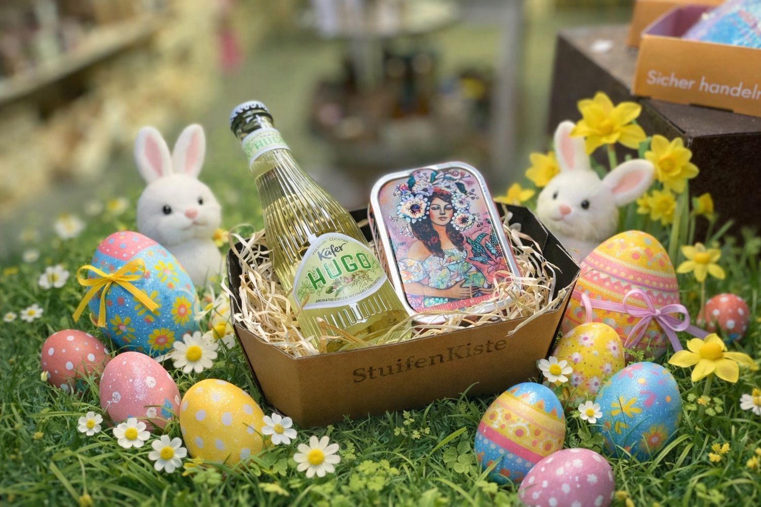 Osternest-HUGO – Geschenkset mit Käfer Hugo Aperitif & Sardinen in Olivenöl | Feinkost Geschenk zu Ostern ???