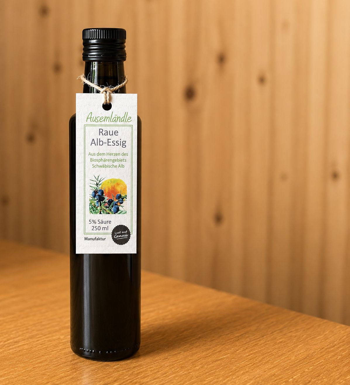Raue Alb-Essig 250 ml ? Würziger Kräuter-Apfelessig aus der Schwäbischen Alb mit Wacholder, Dill und feiner Kräuternote – regionaler Genuss für Salate & Marinaden.