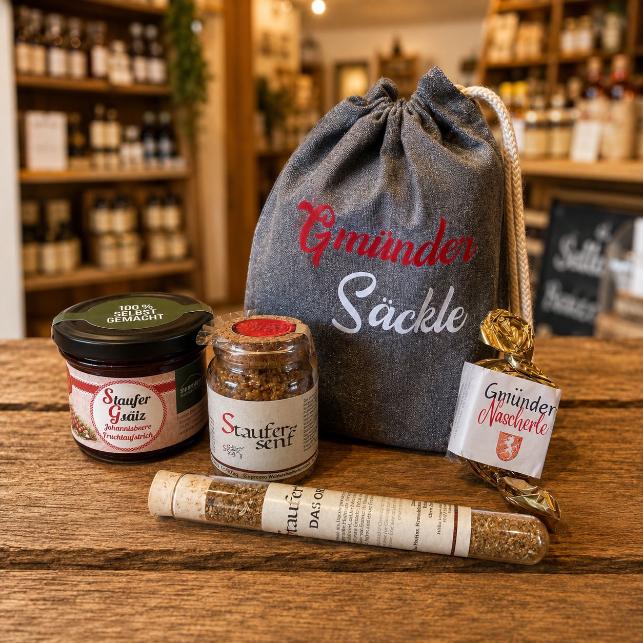 Gmünder Säckle Geschenkset – Staufersenf, Staufer-Gewürz, Gmünder Nascherle & Staufer-Gsälz ? Gmünder Säckle Geschenkset – Staufersenf, Staufer-Gewürz, Gmünder Nascherle & Staufer-Gsälz ?