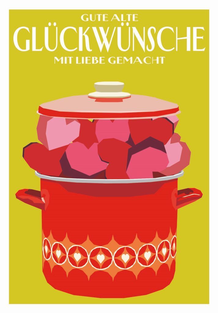Grußkarte Gute alte Glückwünsche mit Liebe gemacht – Doppelkarte mit Herzentopf ❤️ Grußkarte Gute alte Glückwünsche mit Liebe gemacht – Doppelkarte mit Herzentopf ❤️