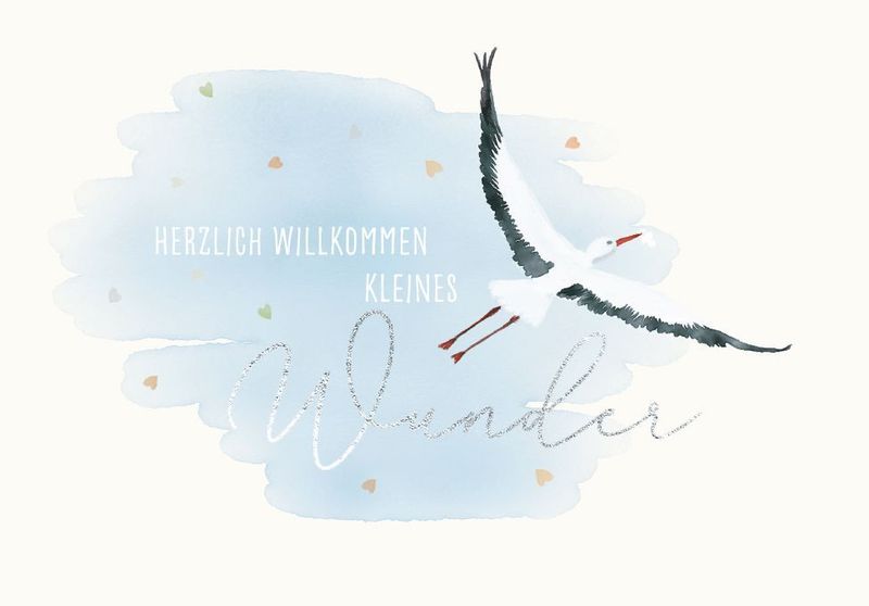 Doppelkarte: Herzlich Willkommen kleines Wunder - Storch – Geburtskarte B6 aus Recyclingpapier mit Silberfolie ? Doppelkarte: Herzlich Willkommen kleines Wunder - Storch – Geburtskarte B6 aus Recyclingpapier mit Silberfolie ?